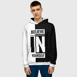 Толстовка-худи мужская Верь в себя надпись черно белая, цвет: 3D-белый — фото 2