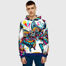 Толстовка-худи мужская Бабочка и череп - нейроарт паттерн, цвет: 3D-синий — фото 2