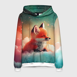 Толстовка-худи мужская Милый лисенок спит на облаке, цвет: 3D-белый