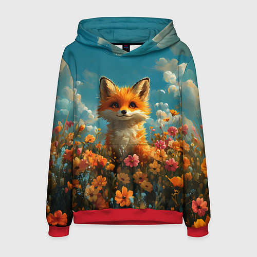 Мужская толстовка Лисица в цветочном поле / 3D-Красный – фото 1