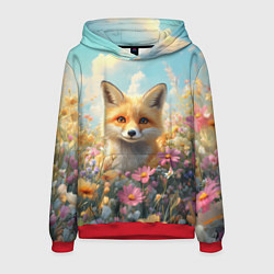 Толстовка-худи мужская Лиса в цветочном поле, цвет: 3D-красный