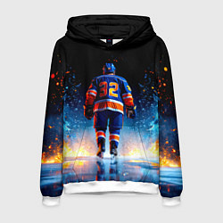 Толстовка-худи мужская Хоккеист в синем пламени, цвет: 3D-белый