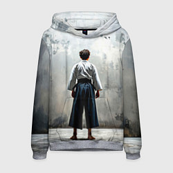Толстовка-худи мужская Боец айкидо на сером, цвет: 3D-меланж