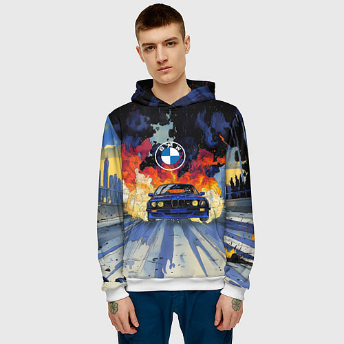 Мужская толстовка Синяя БМВ за огнем / 3D-Белый – фото 3