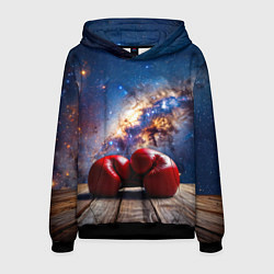 Толстовка-худи мужская Боксерские перчатки в космосе, цвет: 3D-черный