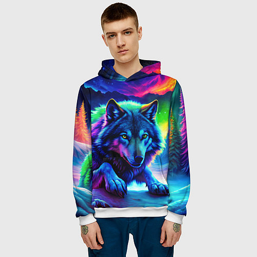 Мужская толстовка Большой волк одинокий охотник - неоновые цвета / 3D-Белый – фото 3