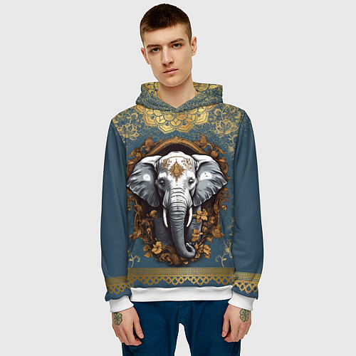 Мужская толстовка Слон лотос и золотая мандала / 3D-Белый – фото 3