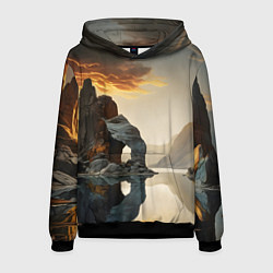 Толстовка-худи мужская Горное озеро со скалами, цвет: 3D-черный
