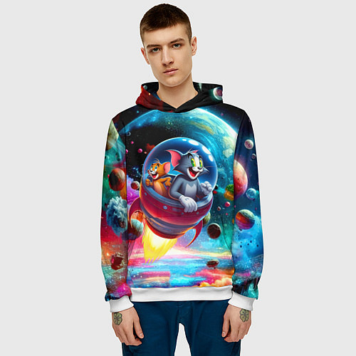 Мужская толстовка Том и Джерри летят в ракете - нейроарт / 3D-Белый – фото 3
