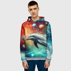 Толстовка-худи мужская Галактический дельфин - неоновый космос, цвет: 3D-меланж — фото 2