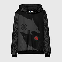 Толстовка-худи мужская Волки викингов с обережными символами - тату, цвет: 3D-черный