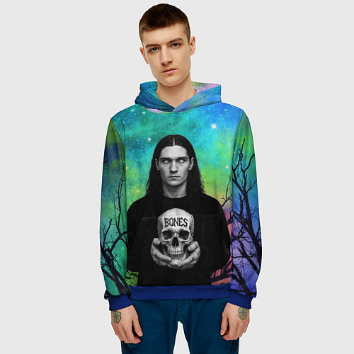 Мужская толстовка Bones без зрачков держит череп в руках / 3D-Синий – фото 3