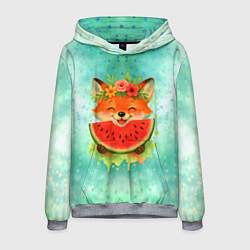 Толстовка-худи мужская Веселая лисичка ест арбуз, цвет: 3D-меланж