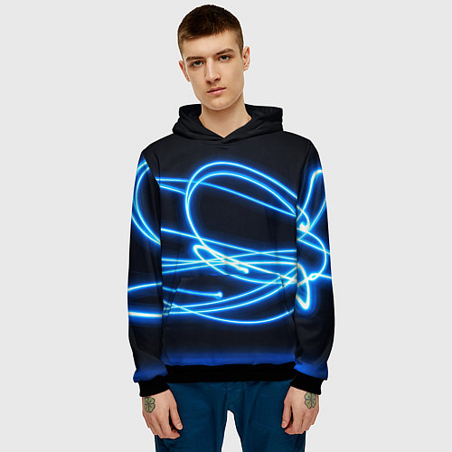 Мужская толстовка Неоновые голубые волны на черном фоне / 3D-Черный – фото 3