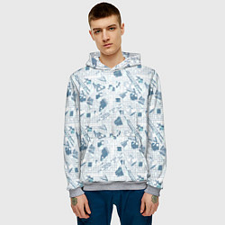 Толстовка-худи мужская Мемфис синий с серым клетчатый геометрический узор, цвет: 3D-меланж — фото 2