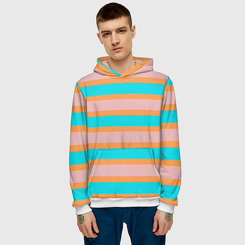 Мужская толстовка Полосы бирюзово-розовые / 3D-Белый – фото 3