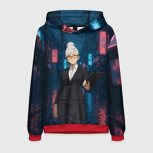 Мужская толстовка Dandadan Seiko в городе с планшетом / 3D-Красный – фото 1