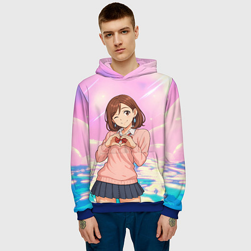 Мужская толстовка Сиратори Айра делает сердечко руками - Дандадан / 3D-Синий – фото 3