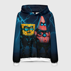 Толстовка-худи мужская Спанч Боб и Патрик киберпанк, цвет: 3D-белый