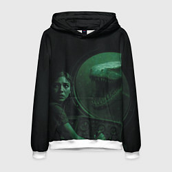 Толстовка-худи мужская На батискаф с девушкой нападает Тилозавр ужасы, цвет: 3D-белый