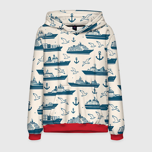 Мужская толстовка Морской паттерн из чаек, якорей и кораблей / 3D-Красный – фото 1