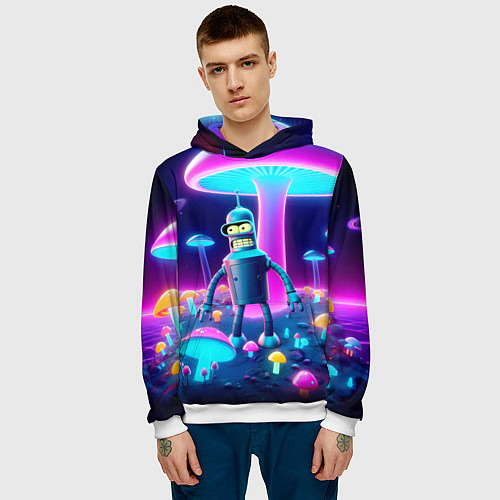 Мужская толстовка Робот-сгибальщик Бендер на поляне неоновых грибов / 3D-Белый – фото 3