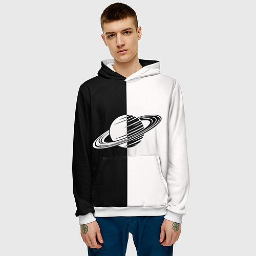 Мужская толстовка Сатурн черно-белый / 3D-Белый – фото 3