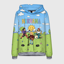 Толстовка-худи мужская Nirvana мультяшный стиль на поляне, цвет: 3D-меланж