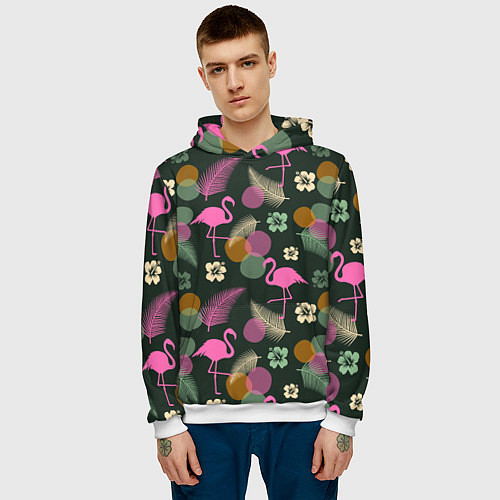 Мужская толстовка Фламинго и листья на темно-зеленом / 3D-Белый – фото 3