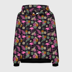 Толстовка-худи мужская Фламинго и листья на темно-синем, цвет: 3D-черный