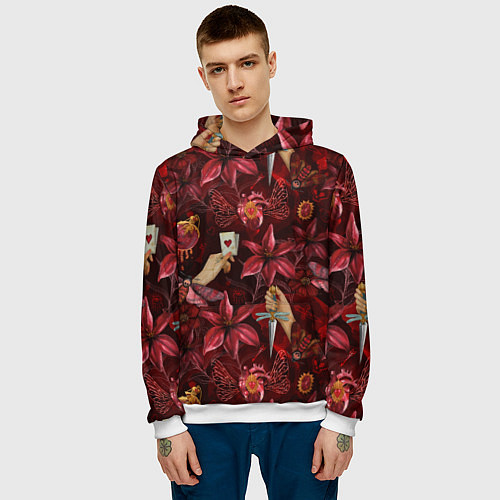 Мужская толстовка Бордовая готика с сердцем, лилиями и мотыльками / 3D-Белый – фото 3