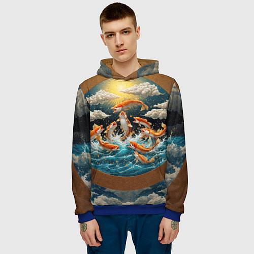 Мужская толстовка Большие золотистые рыбы выпрыгивают из воды / 3D-Синий – фото 3