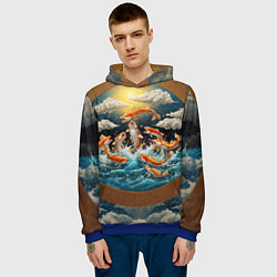Толстовка-худи мужская Большие золотистые рыбы выпрыгивают из воды, цвет: 3D-синий — фото 2