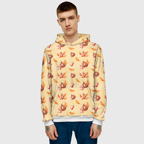 Мужская толстовка Хеллоуин с тыквой и листьями / 3D-Белый – фото 3