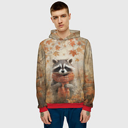 Толстовка-худи мужская Осенней енот в шарфе, цвет: 3D-красный — фото 2
