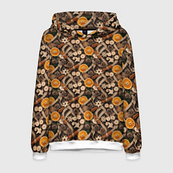 Толстовка-худи мужская Новогодний орнамент с корицей и дольками апельсина, цвет: 3D-белый