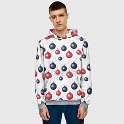 Толстовка-худи мужская Синие и красные новогодние шары со снежинками, цвет: 3D-меланж — фото 2