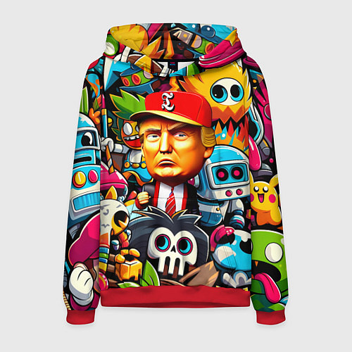 Мужская толстовка Дональд Трамп в компании мультяшных персонажей / 3D-Красный – фото 1