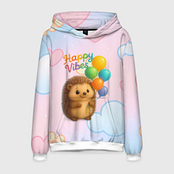 Толстовка-худи мужская Happy vibes ежик с разноцветными шариками, цвет: 3D-белый