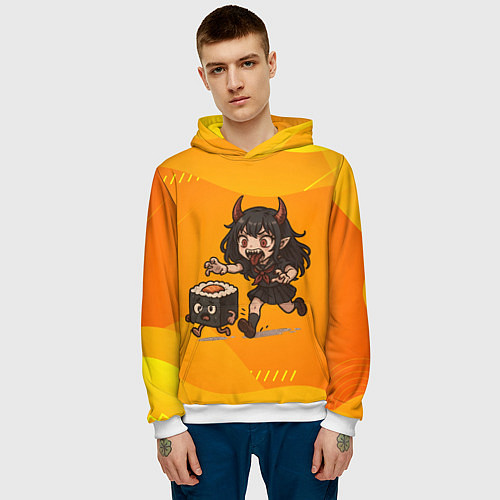 Мужская толстовка Девочка дьявол бежит за роллом / 3D-Белый – фото 3