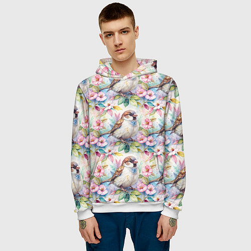 Мужская толстовка Воробей в ярких цветах паттерн / 3D-Белый – фото 3