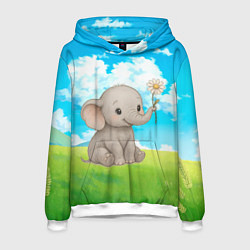 Толстовка-худи мужская Слоненок с цветочком, цвет: 3D-белый