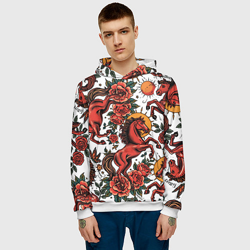 Мужская толстовка Красный конь в стиле татуировки / 3D-Белый – фото 3