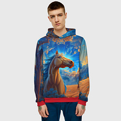Толстовка-худи мужская Лошадь на фоне синего неба, цвет: 3D-красный — фото 2