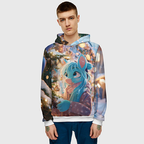 Мужская толстовка Синяя новогодняя лошадка / 3D-Белый – фото 3