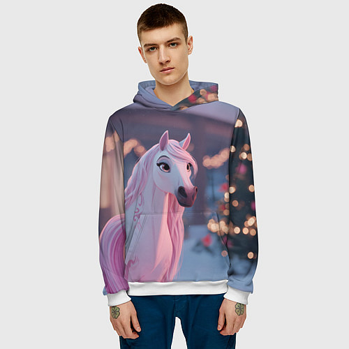 Мужская толстовка Лошадка и новогодняя елка / 3D-Белый – фото 3