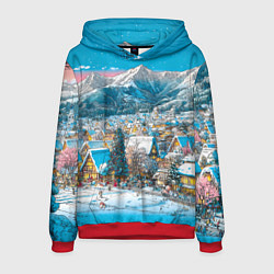 Толстовка-худи мужская Новогодняя деревушка в горах, цвет: 3D-красный