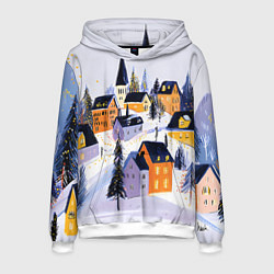 Толстовка-худи мужская Новогодние домики на горе, цвет: 3D-белый