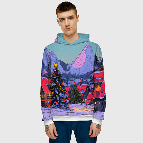Мужская толстовка Новогодние елки в горном городке / 3D-Белый – фото 3