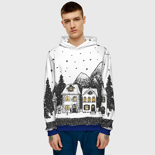 Мужская толстовка Черно-белый новогодний город / 3D-Синий – фото 3